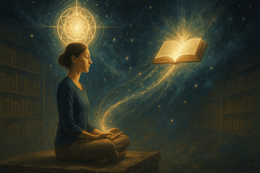 Femme en méditation accédant aux mémoires akashiques, un livre de lumière flottant devant elle dans une bibliothèque cosmique étoilée.