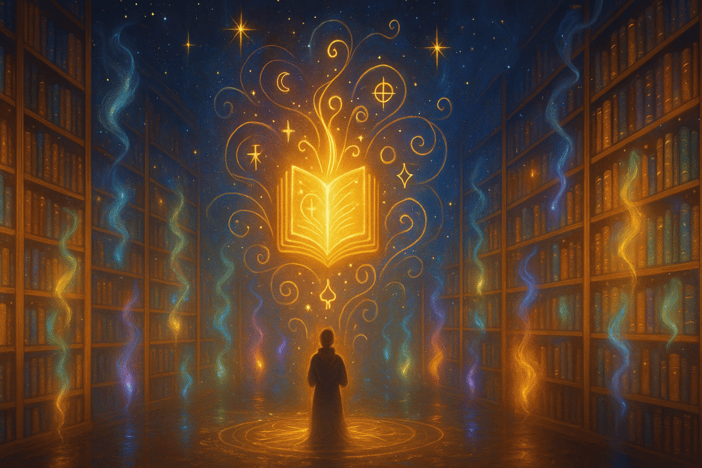 Bibliothèque cosmique vivante avec des livres lumineux et un grand livre doré flottant entouré de symboles et d’énergies vibrantes, illustrant les mémoires akashiques.