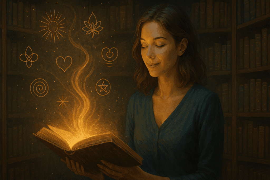 Femme souriante tenant un livre lumineux entouré de symboles spirituels, représentant les bienfaits d’analyser et de comprendre ses mémoires akashiques.