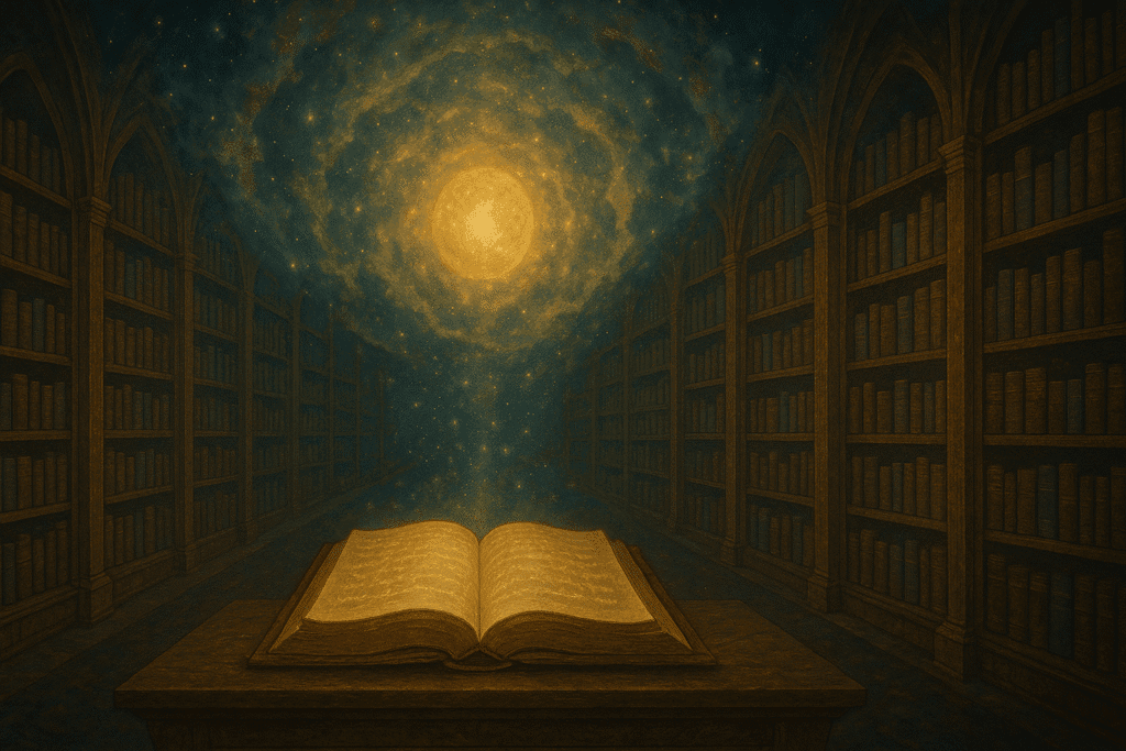 Illustration des mémoires akashiques représentant un livre de lumière ouvert dans une bibliothèque cosmique, symbole des annales de l’âme et de la sagesse universelle.