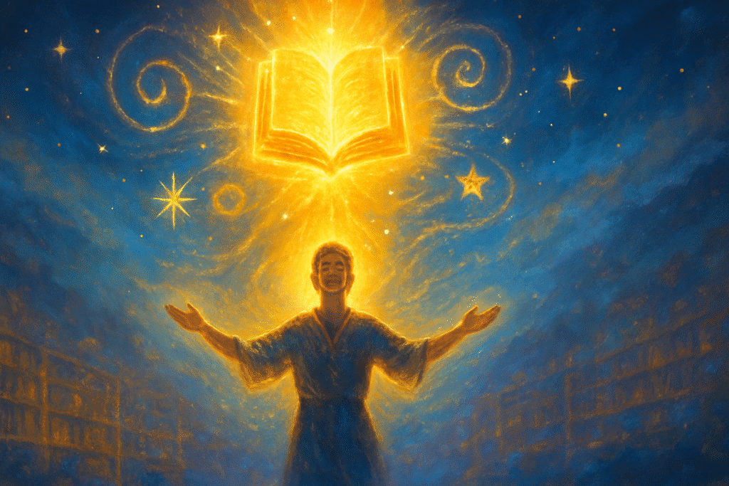Figure lumineuse les bras ouverts sous un livre doré flottant, rayonnant d’énergie dans une bibliothèque cosmique, symbolisant la conclusion des mémoires akashiques.