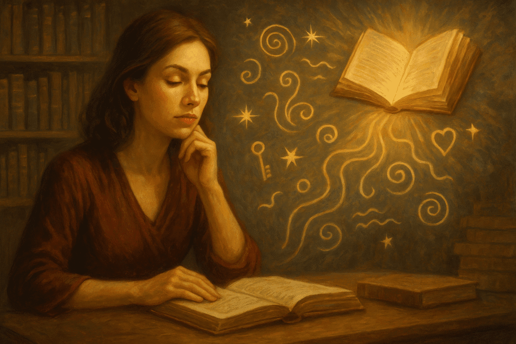 Femme pensive observant un livre de lumière flottant entouré de symboles mystiques, illustrant la quête de sens et les bienfaits des mémoires akashiques.