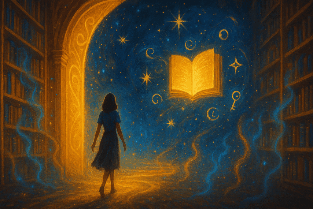 Femme avançant à travers une arche dorée vers une bibliothèque cosmique, guidée par un livre lumineux flottant parmi des étoiles et symboles mystiques.