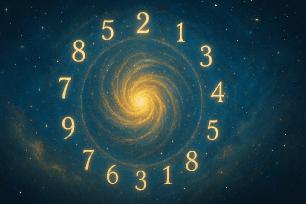 Cercle de nombres dorés flottant autour d’une spirale lumineuse dans un ciel étoilé, illustrant le langage mystique et universel de la numérologie.