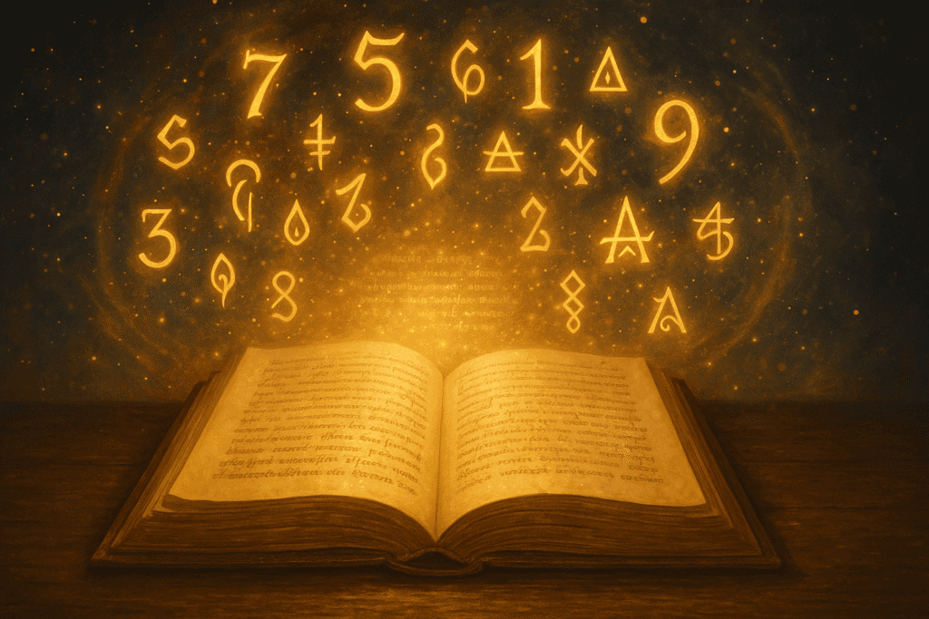 Manuscrit ancien illuminé avec des chiffres dorés et symboles sacrés inscrits dans ses pages.