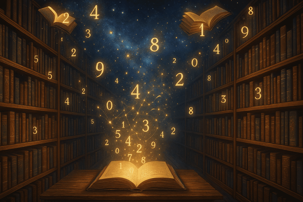 Bibliothèque cosmique avec des livres animés projetant des chiffres lumineux dans l’air.