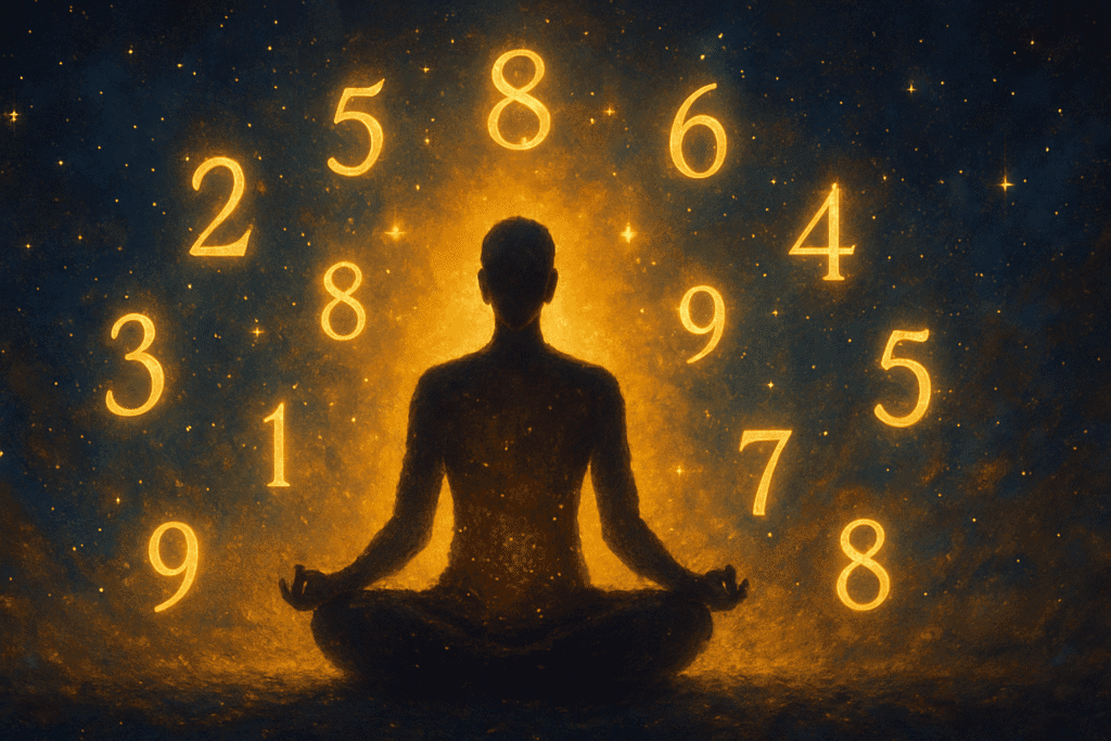 Silhouette méditative entourée de nombres lumineux flottants dans une aura dorée.