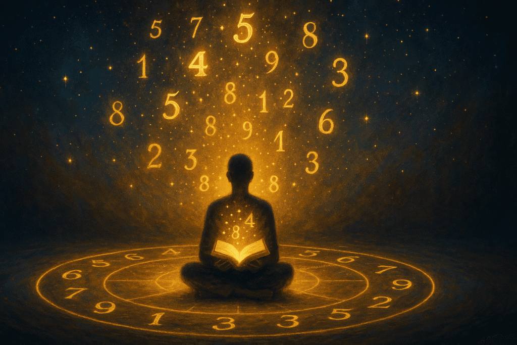 Cercle mystique tracé au sol avec des nombres lumineux et une personne tenant un livre ouvert.