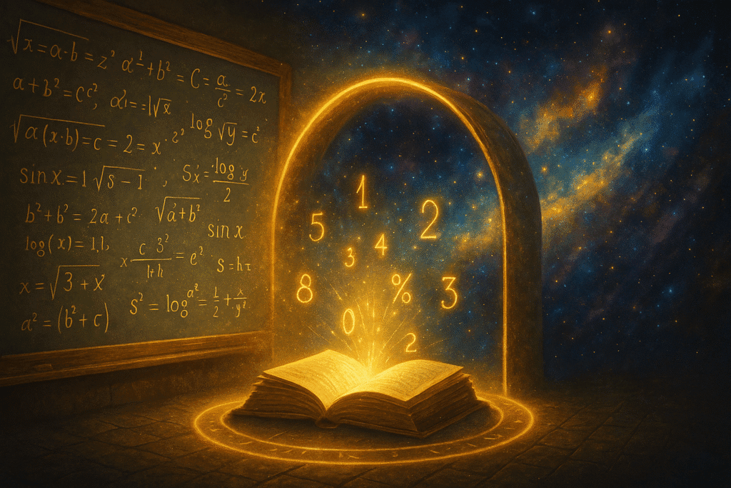 Pont de lumière reliant un tableau mathématique ancien à un univers étoilé vibrant.