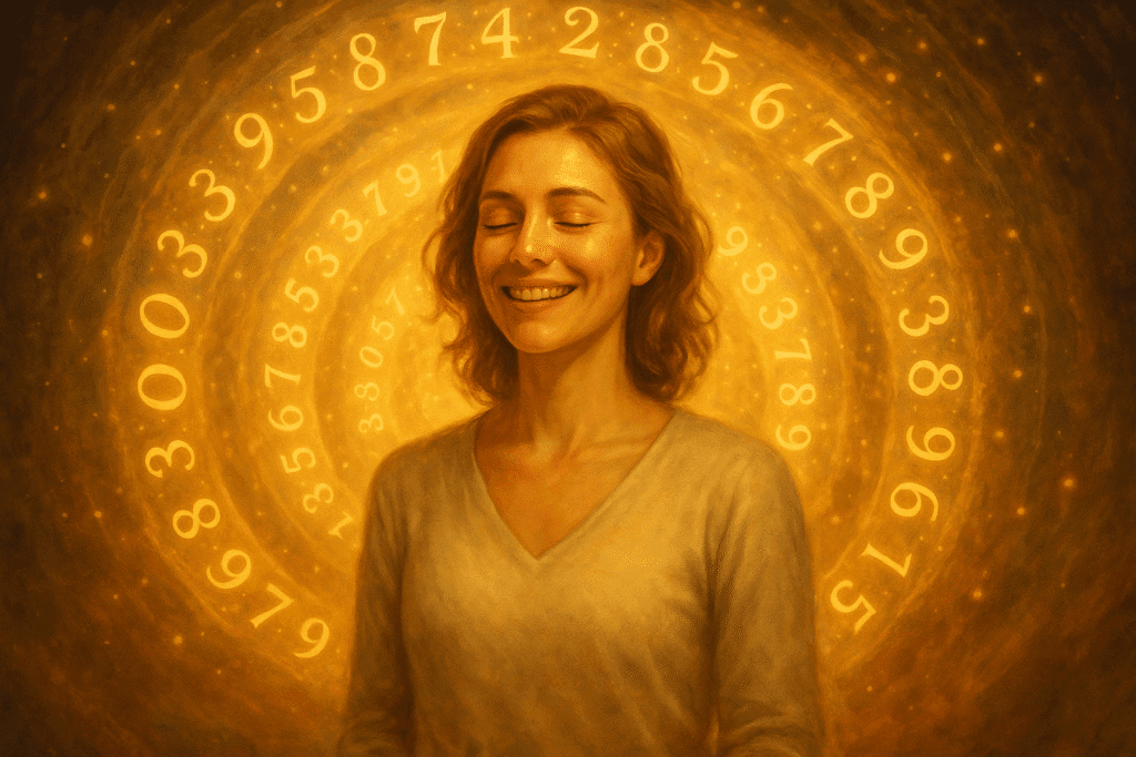 Femme souriante entourée de spirales de chiffres lumineux rayonnants.