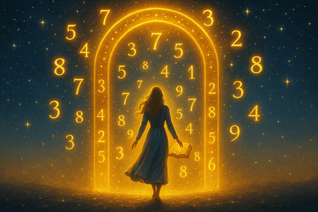 Femme franchissant une arche dorée entourée de chiffres lumineux dans un ciel étoilé.