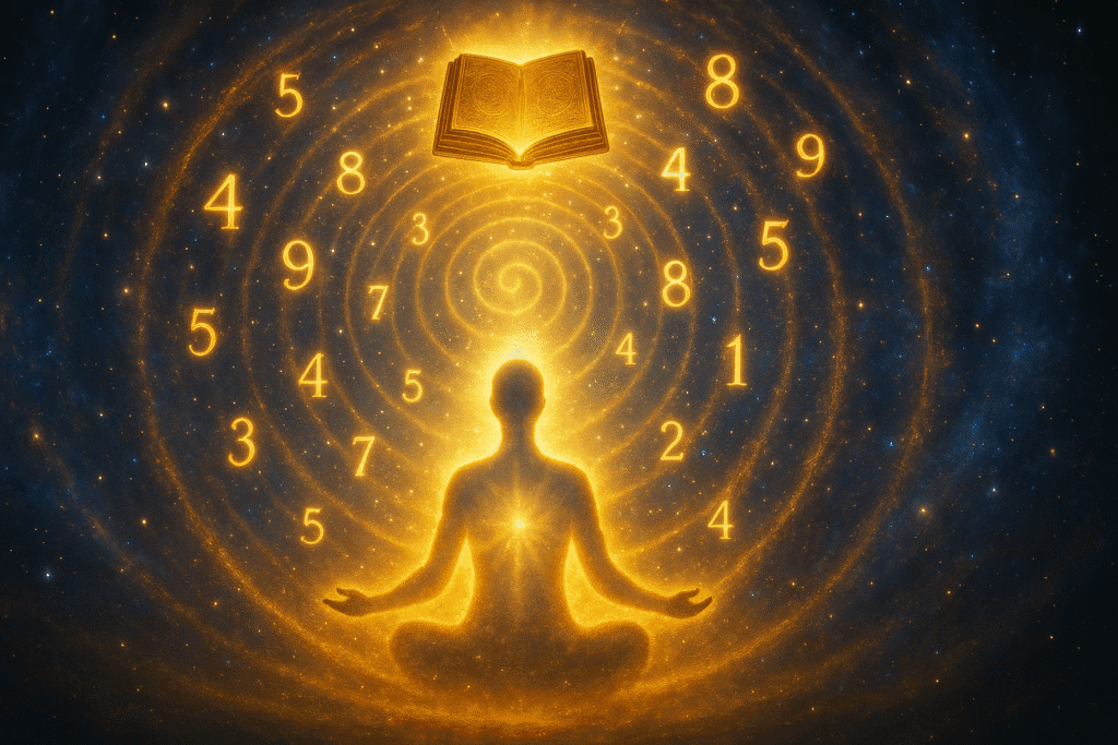 Livre doré flottant au-dessus d’une silhouette rayonnante entourée de spirales numériques.