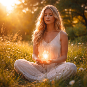 Femme en méditation assise dans un champ au coucher du soleil, tenant une lumière dans ses mains, symbolisant l’énergie intérieure, l’harmonie et la reconnexion à soi.