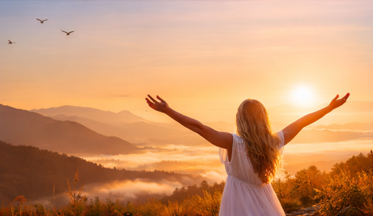 Femme debout face au lever du soleil, bras ouverts, symbolisant la libération, la reconnexion à soi et le retour à son pouvoir personnel dans un environnement naturel apaisant.